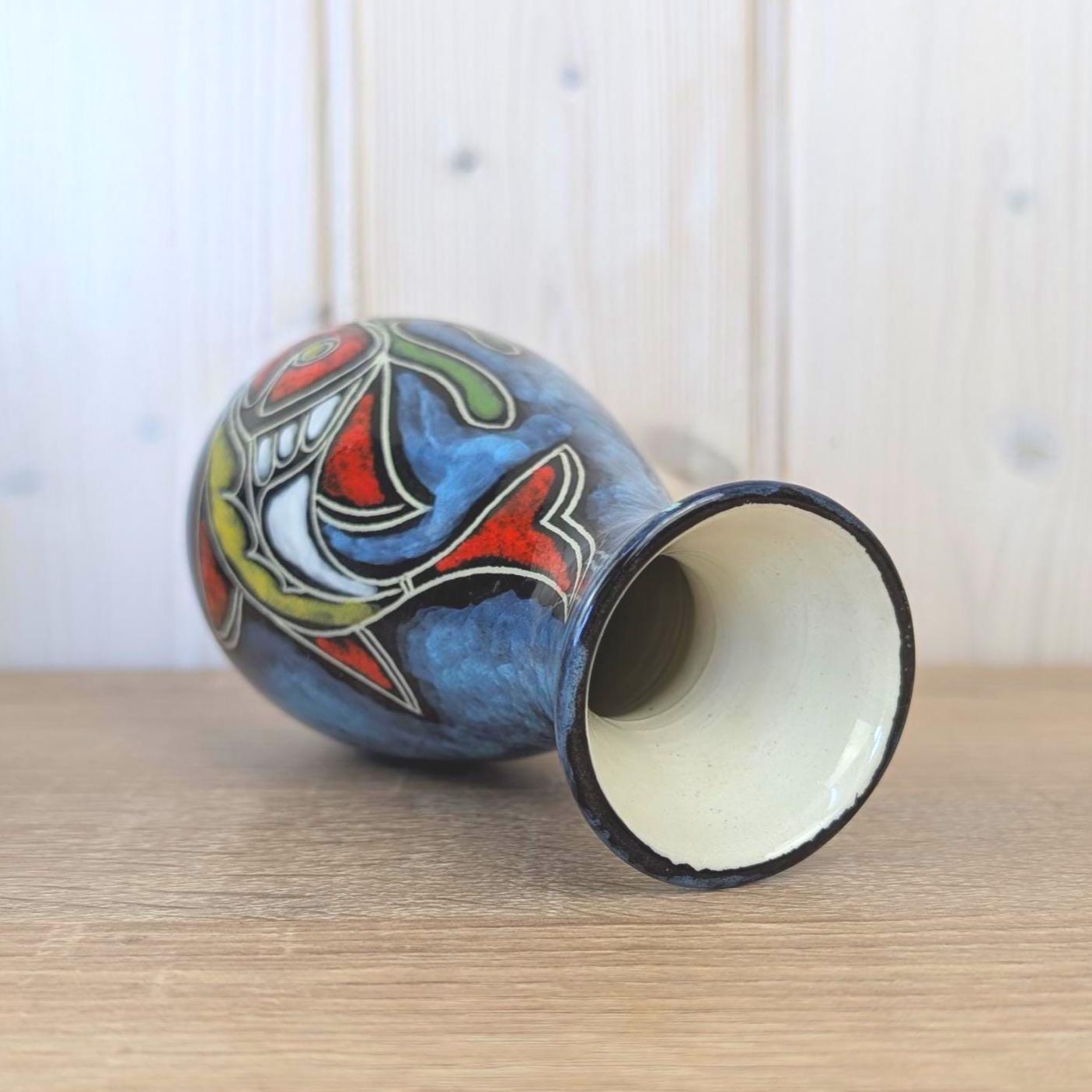 Maltese hand painted ceramic vase, large fish motif, blue glaze, 1960s