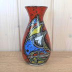 Maltese hand painted ceramic vase, sailboat motif, red glaze, 1960s, model 516