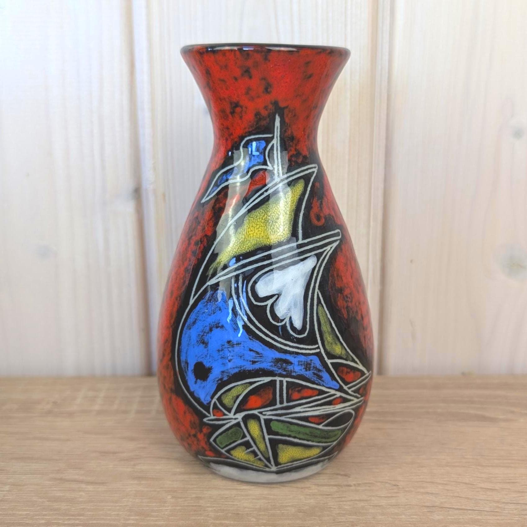 Maltese hand painted ceramic vase, sailboat motif, red glaze, 1960s, model 516