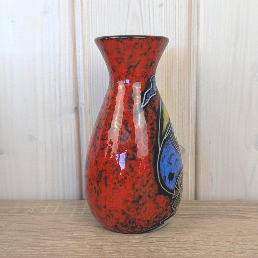 Maltese hand painted ceramic vase, sailboat motif, red glaze, 1960s, model 516