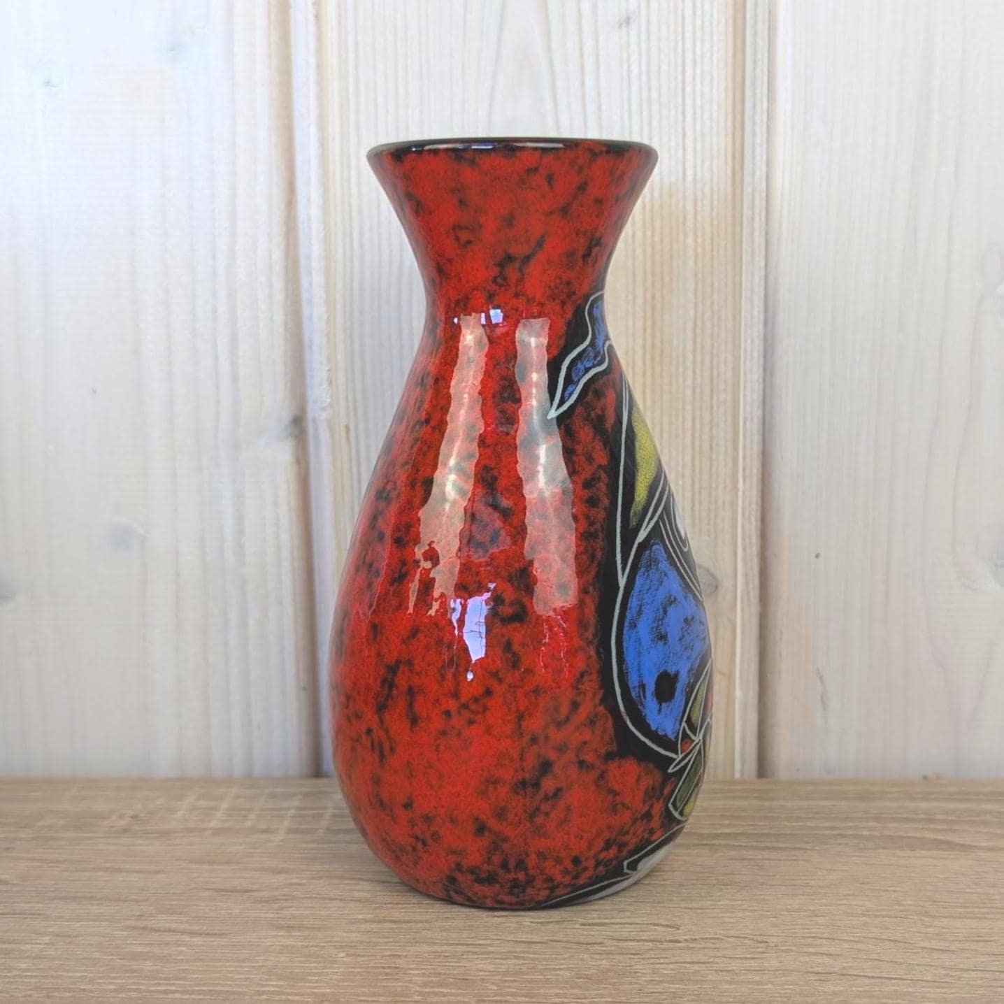 Maltese hand painted ceramic vase, sailboat motif, red glaze, 1960s, model 516