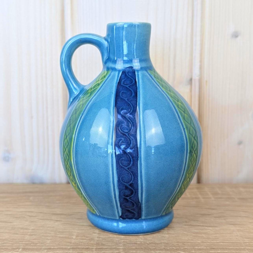 Malta ceramic jug, fish motif, blue glaze, ribbed body, 1960s, model K1
