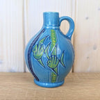 Malta ceramic jug, fish motif, blue glaze, ribbed body, 1960s, model K1