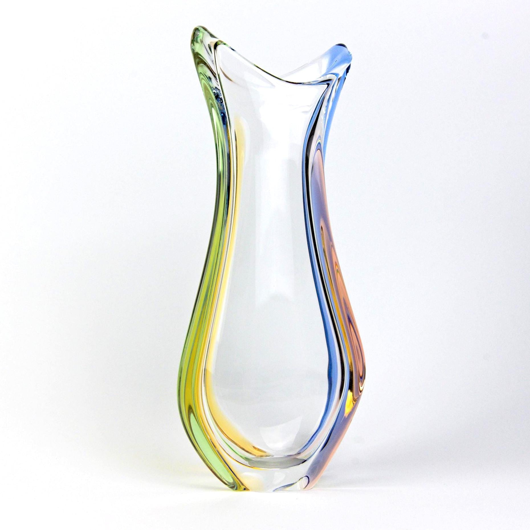 Fr Zemek Art Glass Vase Czech, Mid Century Modern Glass, Sommerso Style Blue Green Amber Tall Vase