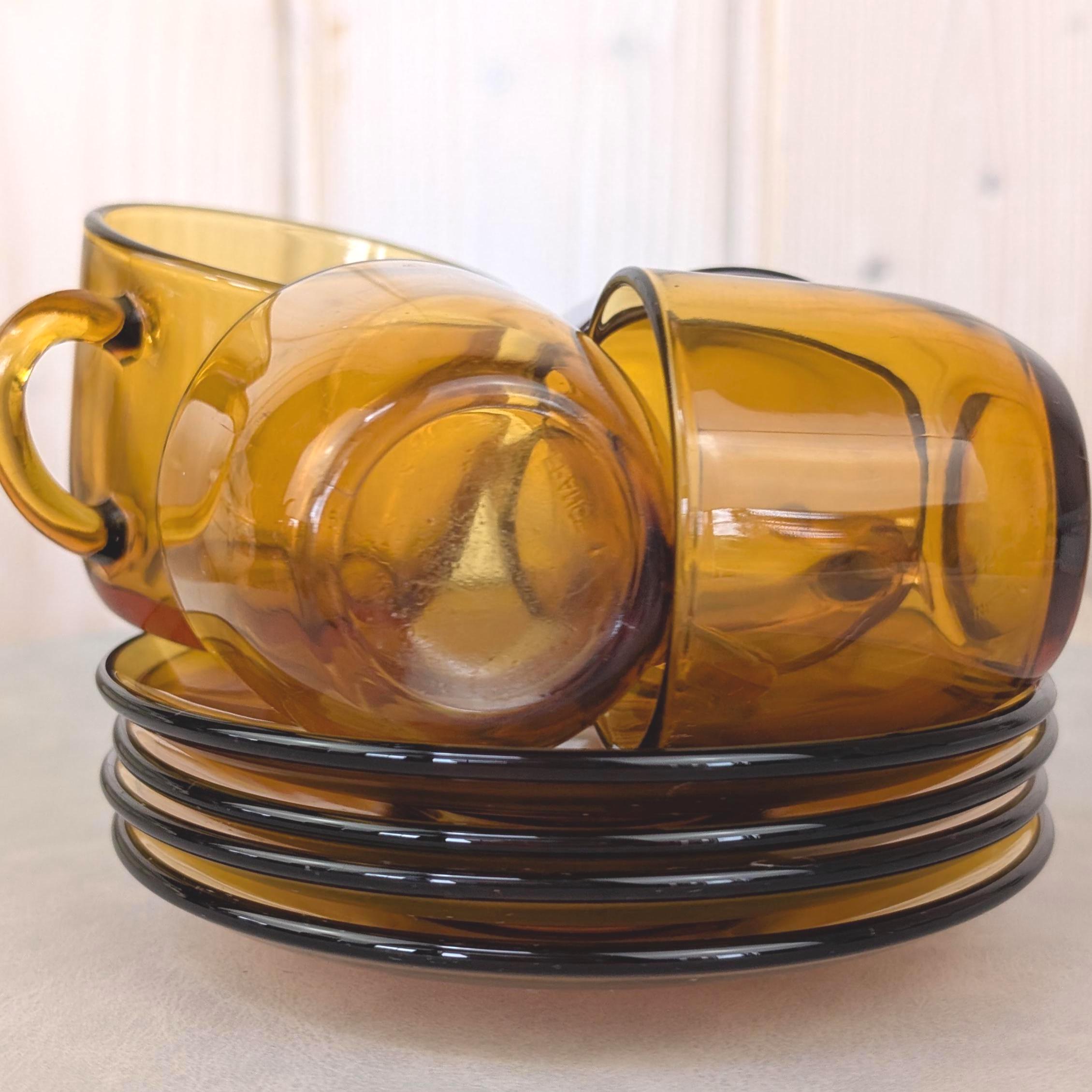 Espresso Cup Saucer Set of 4, Vereco France, Amber Glass, 1970s Tempered Glass, French Glassware