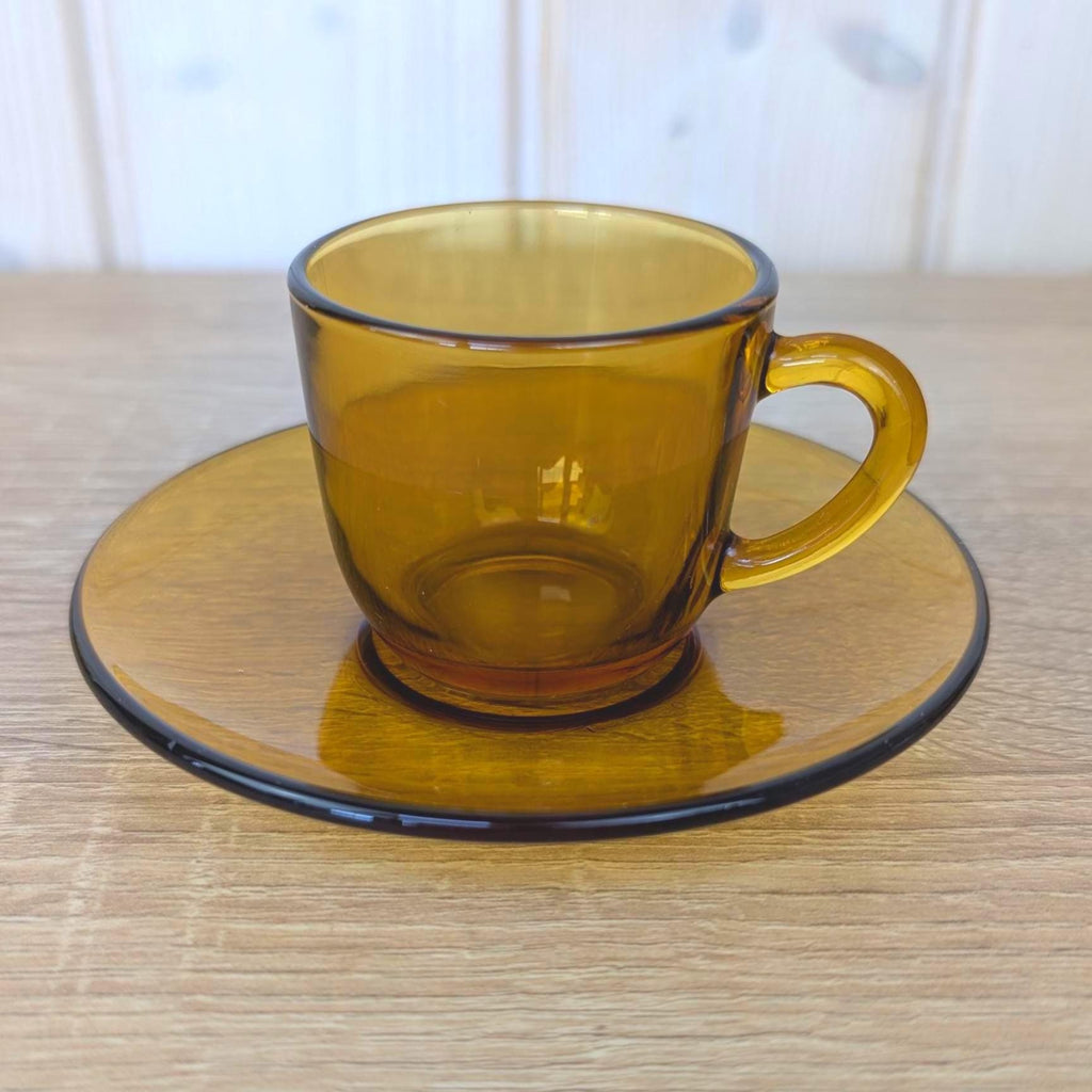 Espresso Cup Saucer Set of 4, Vereco France, Amber Glass, 1970s Tempered Glass, French Glassware