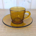 Espresso Cup Saucer Set of 4, Vereco France, Amber Glass, 1970s Tempered Glass, French Glassware