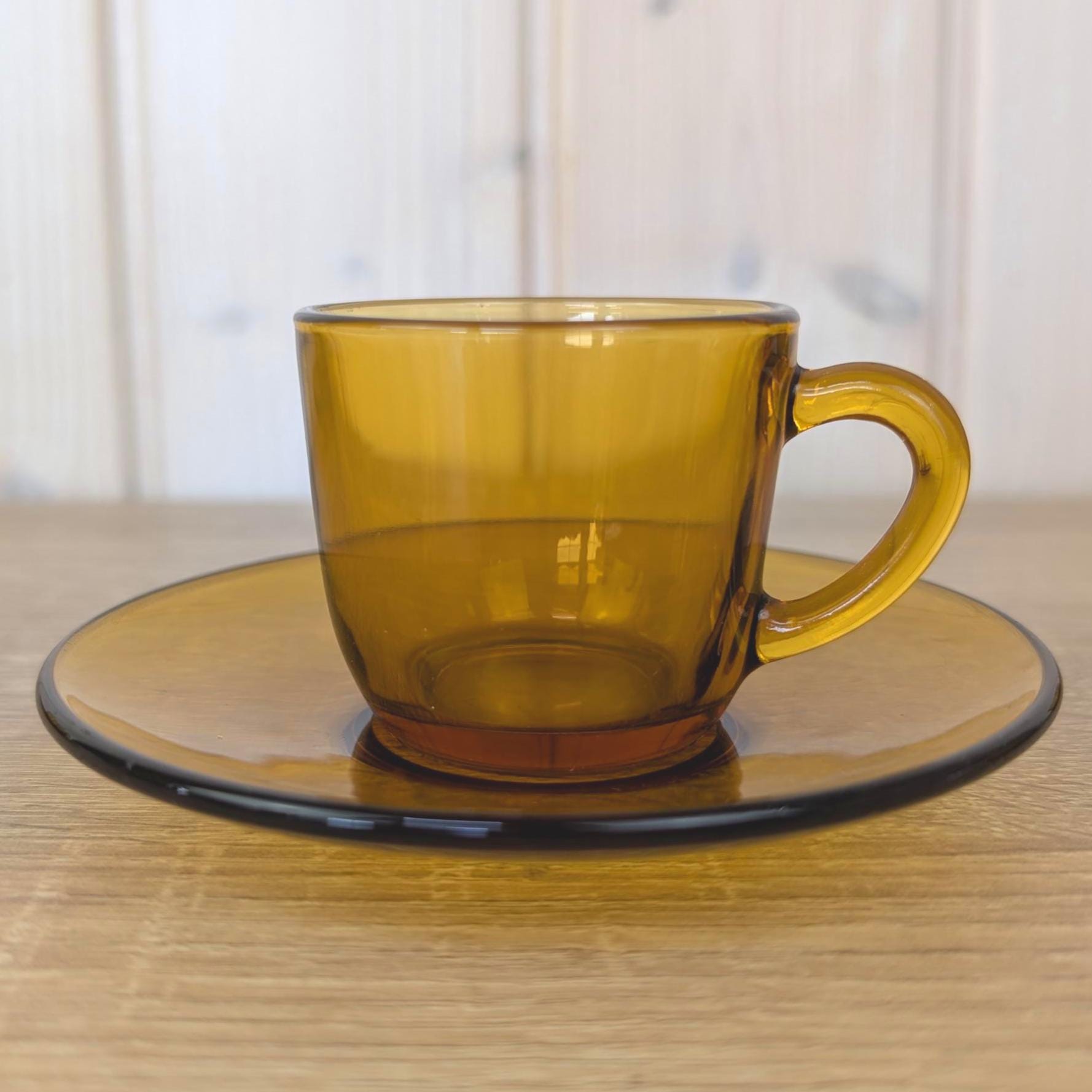 Espresso Cup Saucer Set of 4, Vereco France, Amber Glass, 1970s Tempered Glass, French Glassware