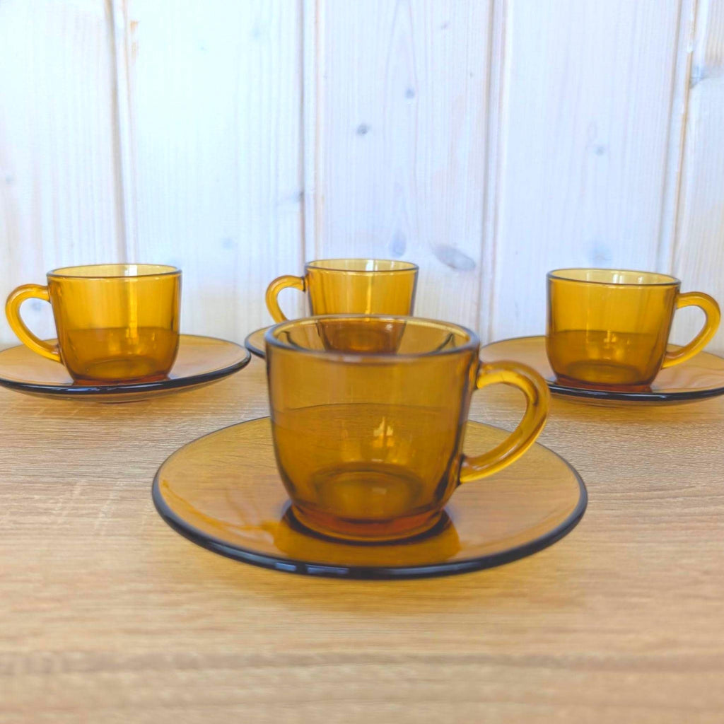 Espresso Cup Saucer Set of 4, Vereco France, Amber Glass, 1970s Tempered Glass, French Glassware