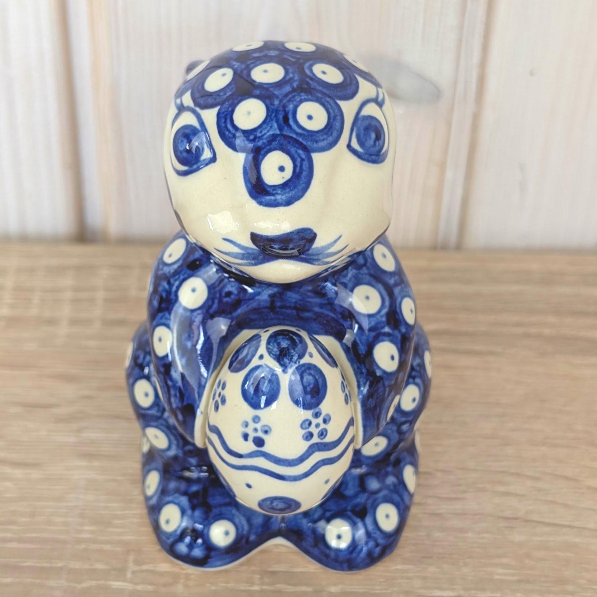 Boleslawiec Polish Pottery Easter Bunny Figurine, Wiza Poland, Peacock Eye Pattern, 1980s, Hand Made