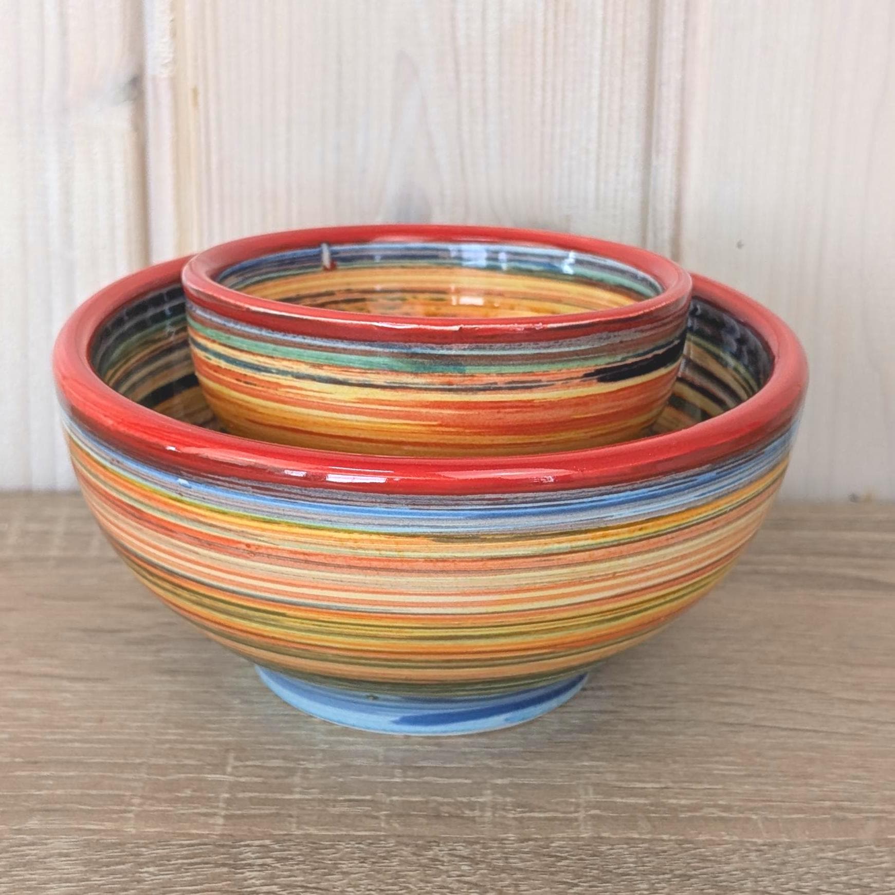 Alfasur Ceramica Spain Hand Painted Multicolor Swirl Bowl Set, 2 Sizes, 1980s Spanish Pottery