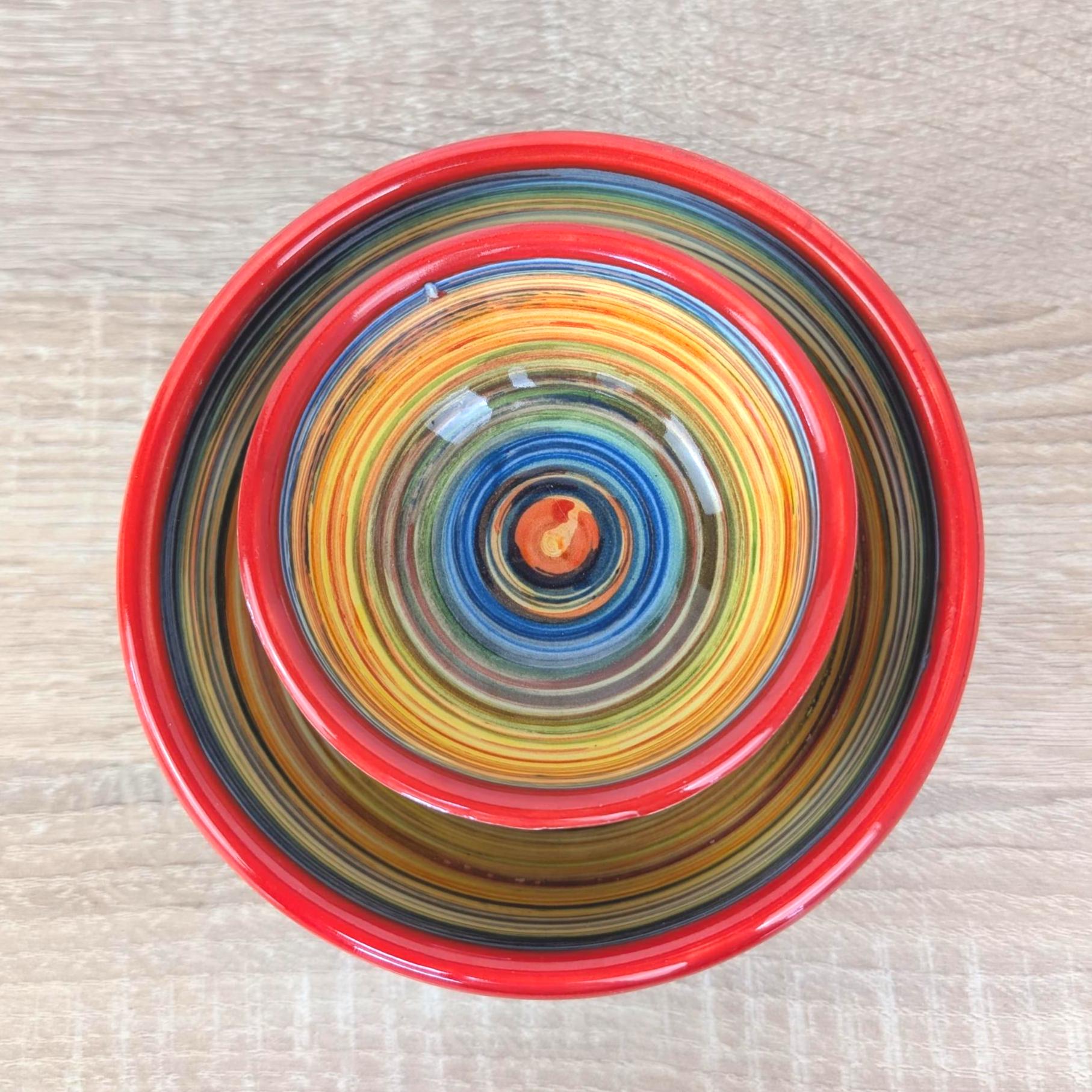 Alfasur Ceramica Spain Hand Painted Multicolor Swirl Bowl Set, 2 Sizes, 1980s Spanish Pottery