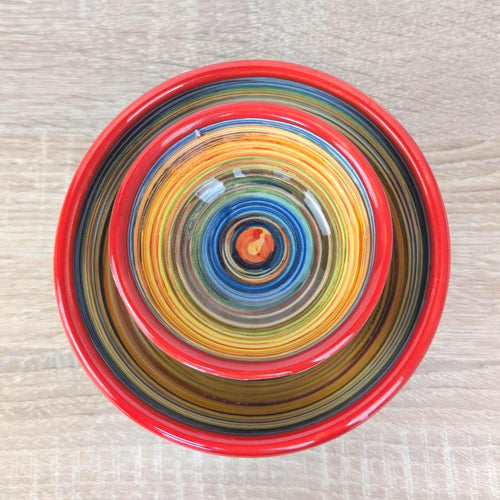 Alfasur Ceramica Spain Hand Painted Multicolor Swirl Bowl Set, 2 Sizes, 1980s Spanish Pottery
