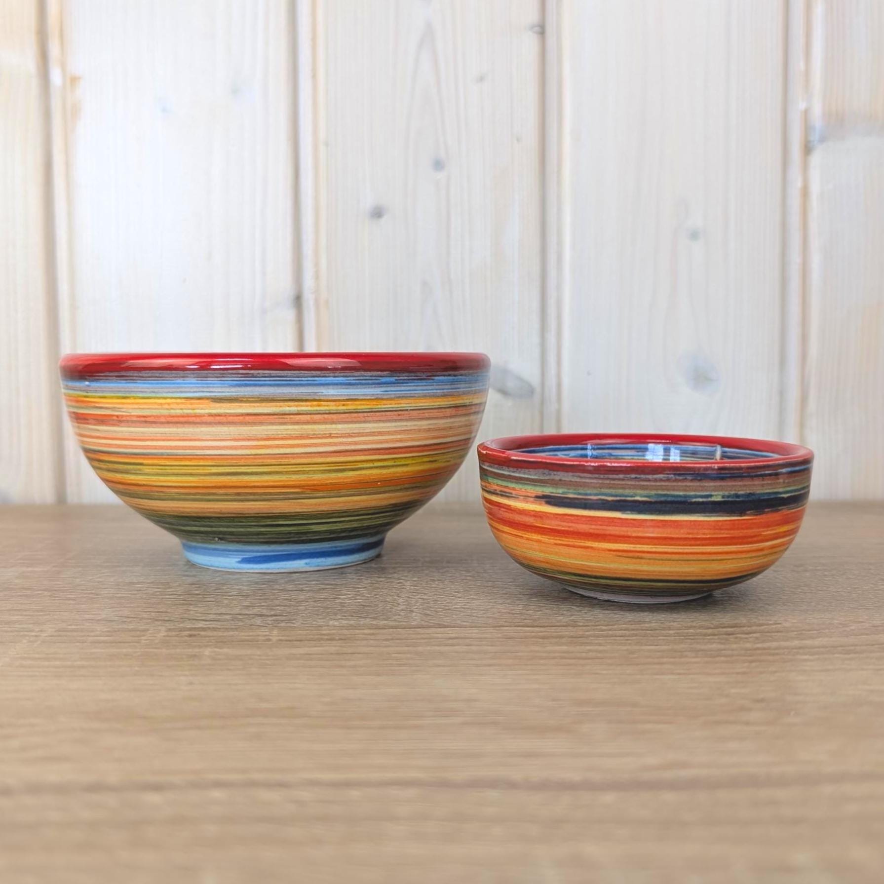 Alfasur Ceramica Spain Hand Painted Multicolor Swirl Bowl Set, 2 Sizes, 1980s Spanish Pottery