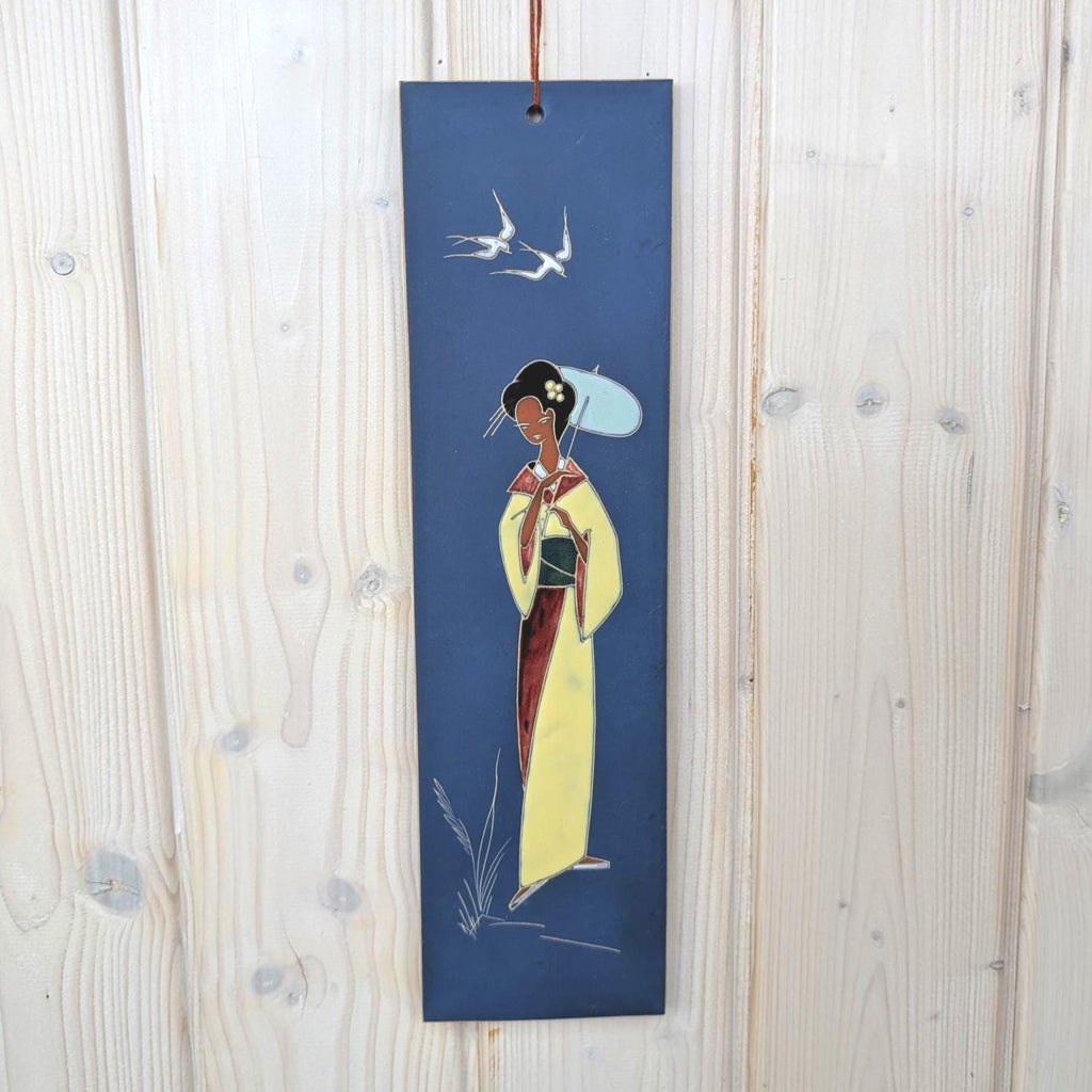 Arno Kiechle Enamel Wall Plaque Geisha Kimono Swallows, West Germany, 1950s Ceramic Art