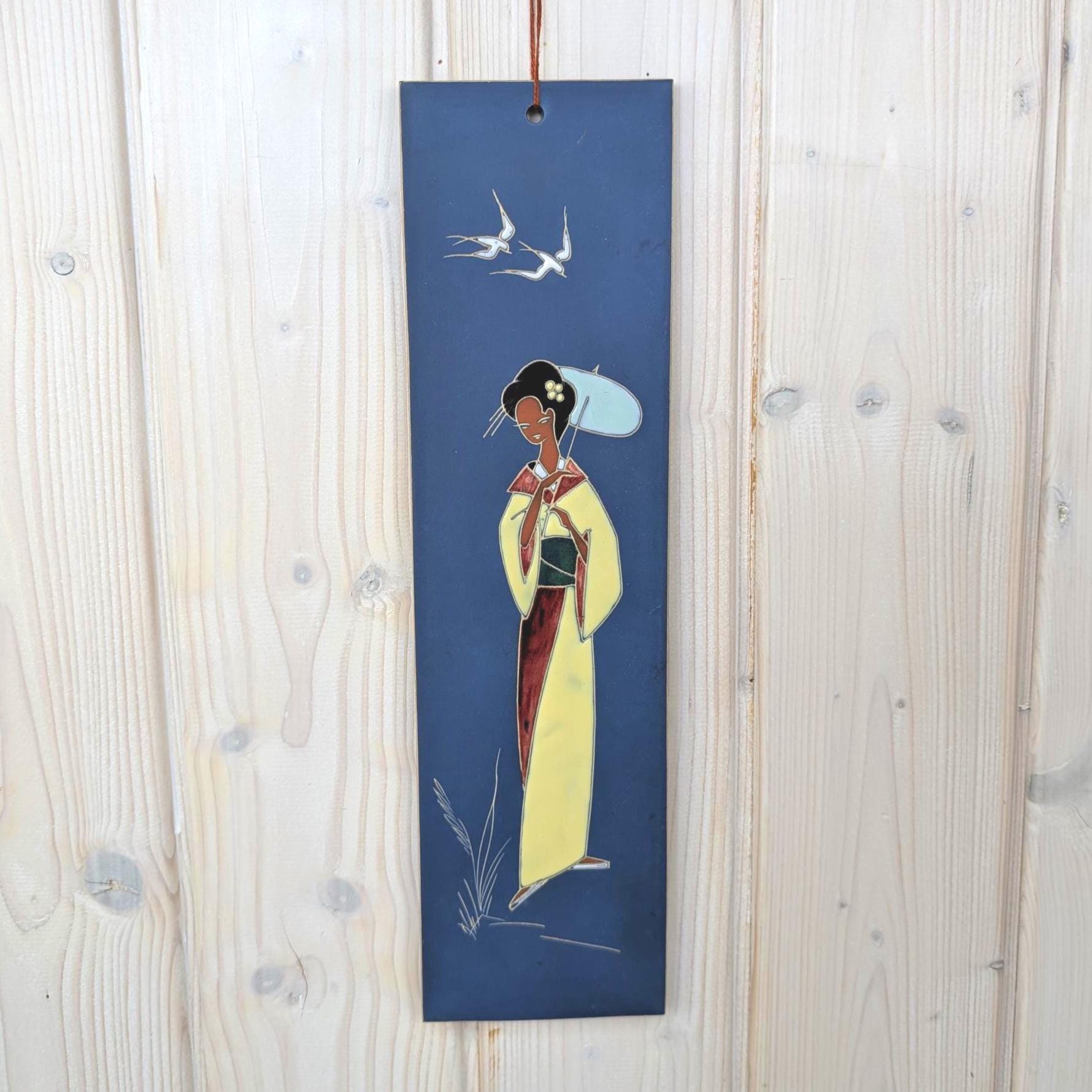 Arno Kiechle Enamel Wall Plaque Geisha Kimono Swallows, West Germany, 1950s Ceramic Art