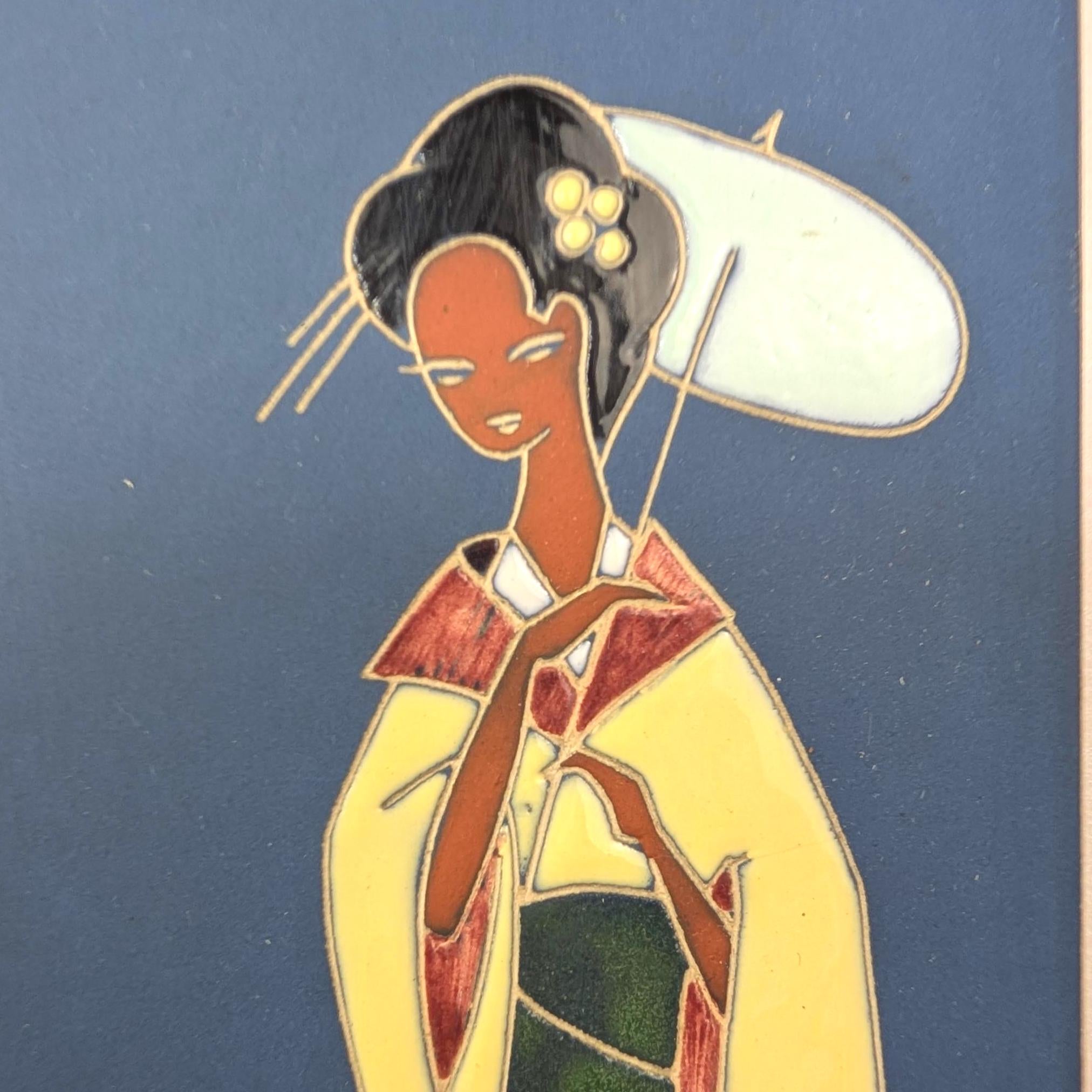Arno Kiechle Enamel Wall Plaque Geisha Kimono Swallows, West Germany, 1950s Ceramic Art