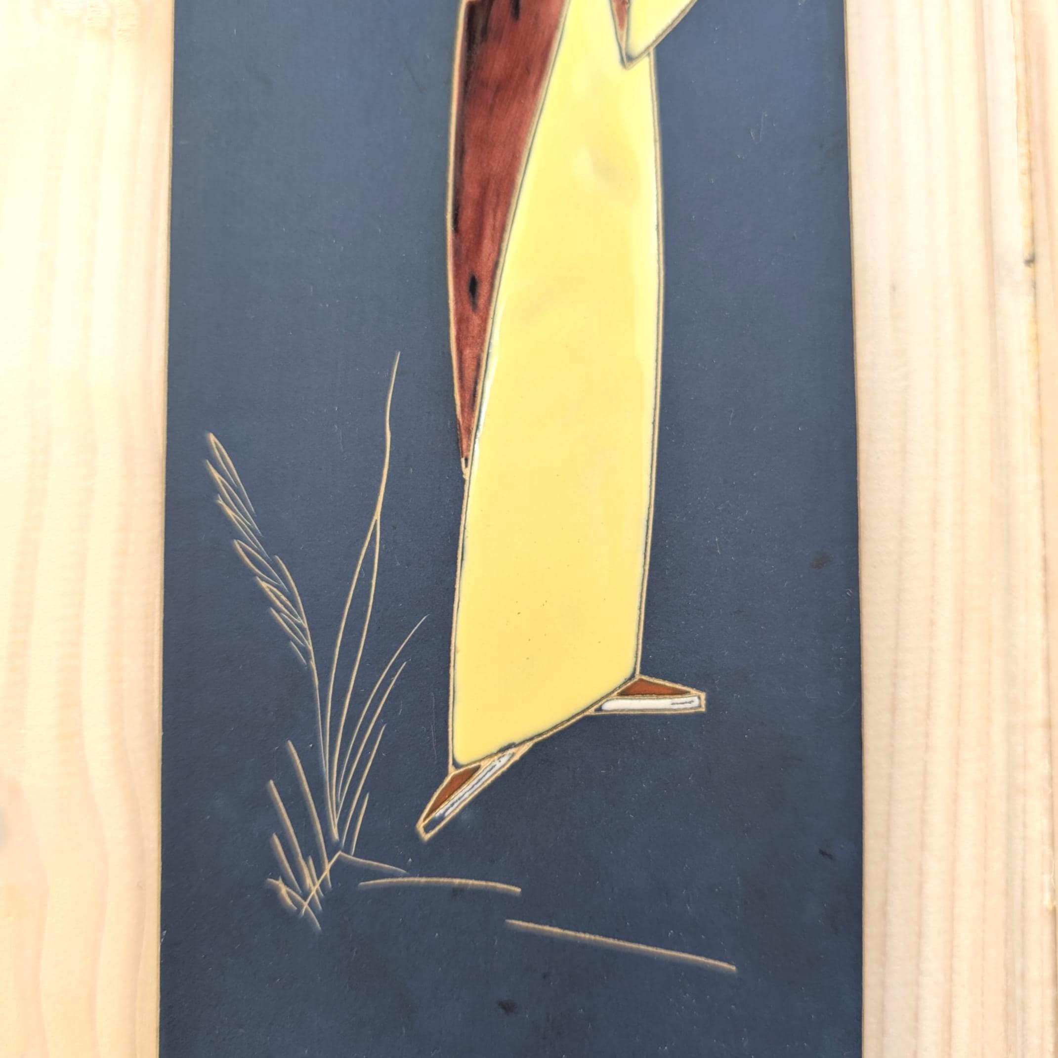 Arno Kiechle Enamel Wall Plaque Geisha Kimono Swallows, West Germany, 1950s Ceramic Art
