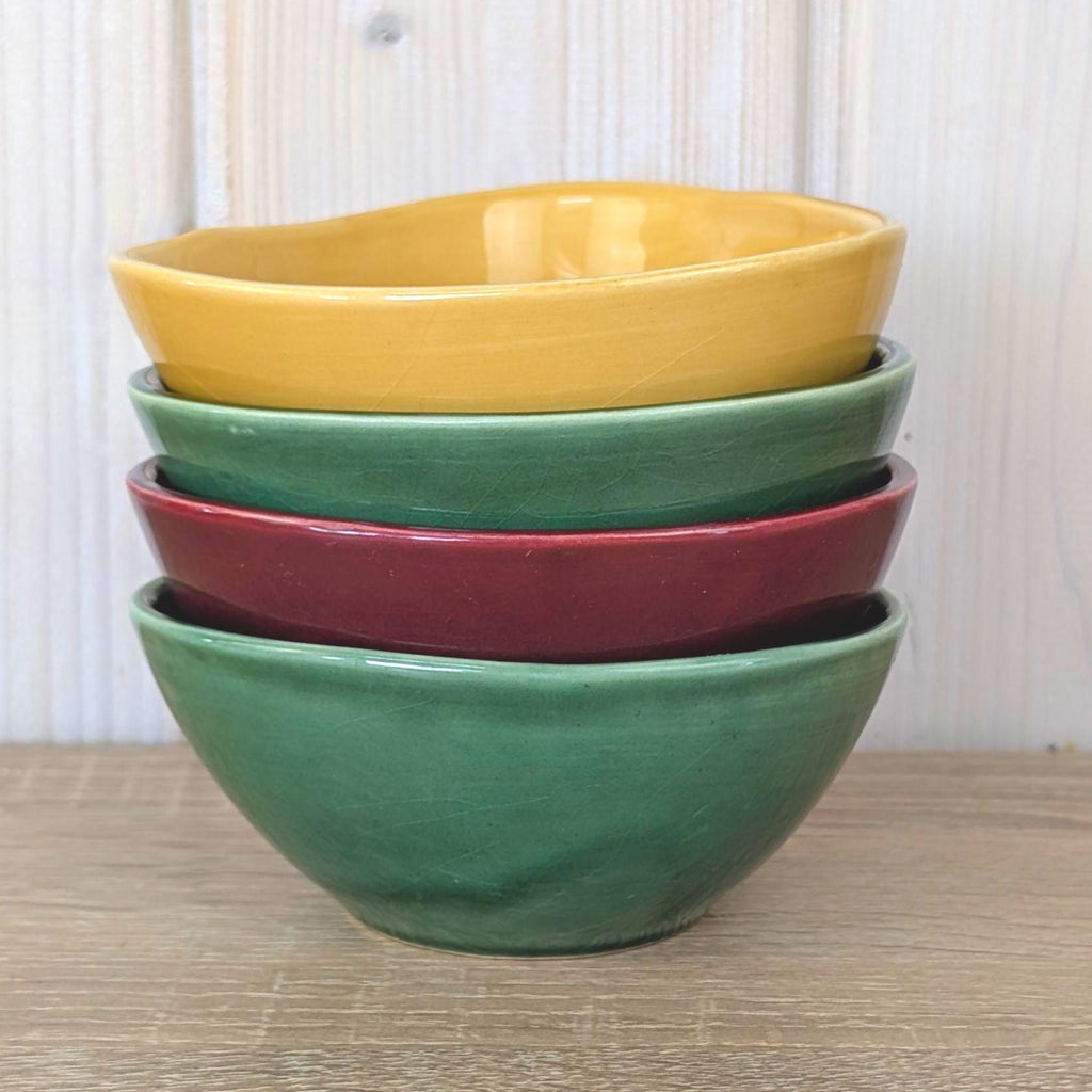 Bowls Set of 4, Triangular Ceramic , Mustard Green Burgundy, 1960s Pebble Shape, Mid Century Pottery