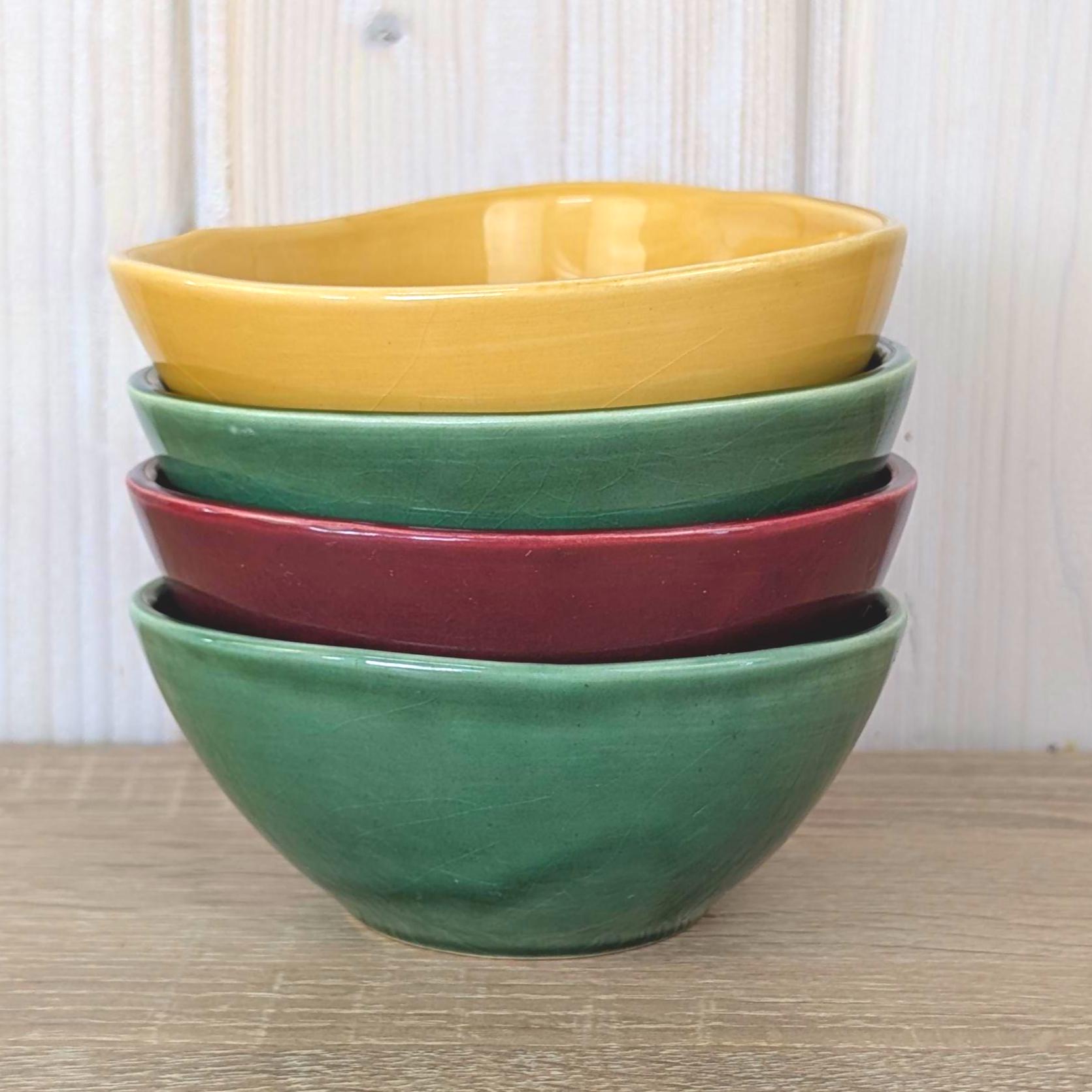 Bowls Set of 4, Triangular Ceramic , Mustard Green Burgundy, 1960s Pebble Shape, Mid Century Pottery