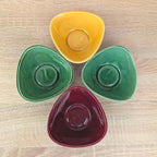 Bowls Set of 4, Triangular Ceramic , Mustard Green Burgundy, 1960s Pebble Shape, Mid Century Pottery