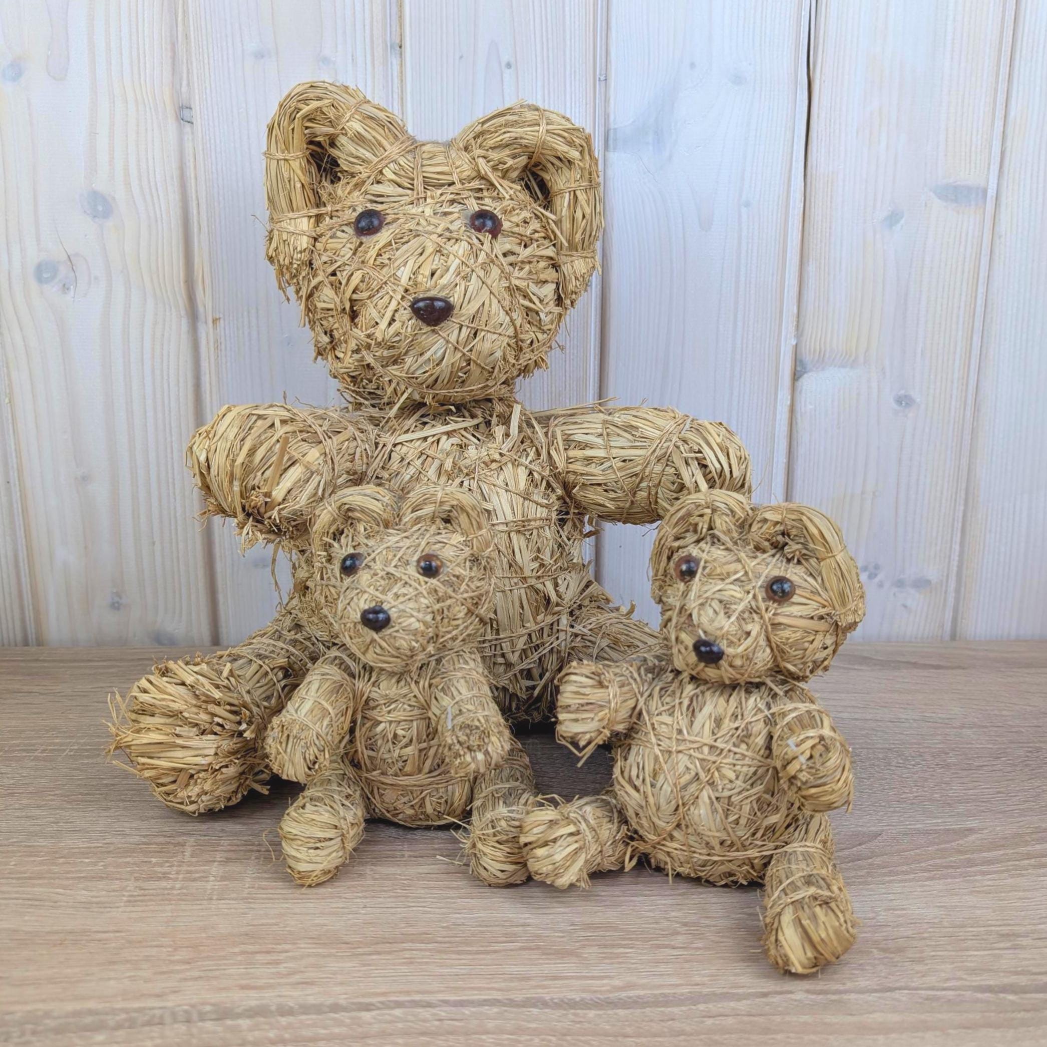 Handmade Raffia Straw Teddy Bear, Natural Folk Art Bear Figurine, Boho Home Decor, 1980s, Choose Size