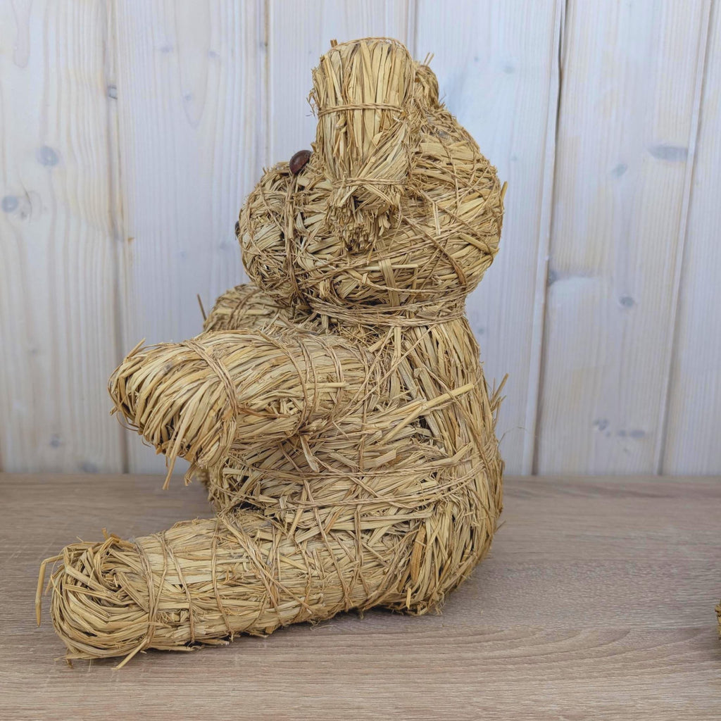 Handmade Raffia Straw Teddy Bear, Natural Folk Art Bear Figurine, Boho Home Decor, 1980s, Choose Size