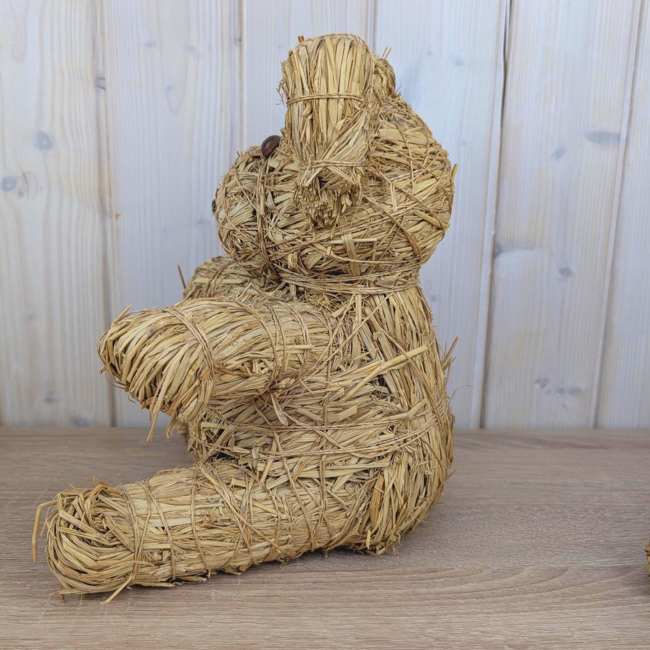 Handmade Raffia Straw Teddy Bear, Natural Folk Art Bear Figurine, Boho Home Decor, 1980s, Choose Size