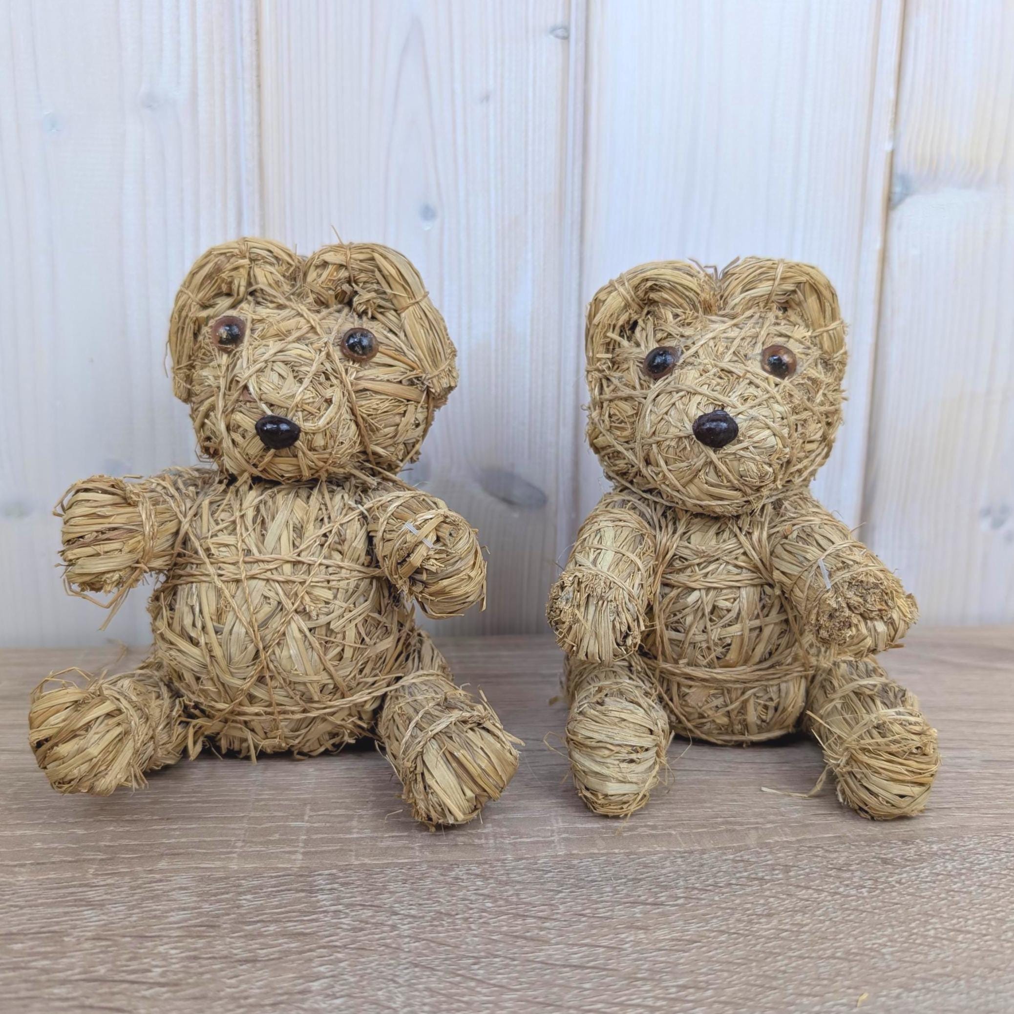Handmade Raffia Straw Teddy Bear, Natural Folk Art Bear Figurine, Boho Home Decor, 1980s, Choose Size