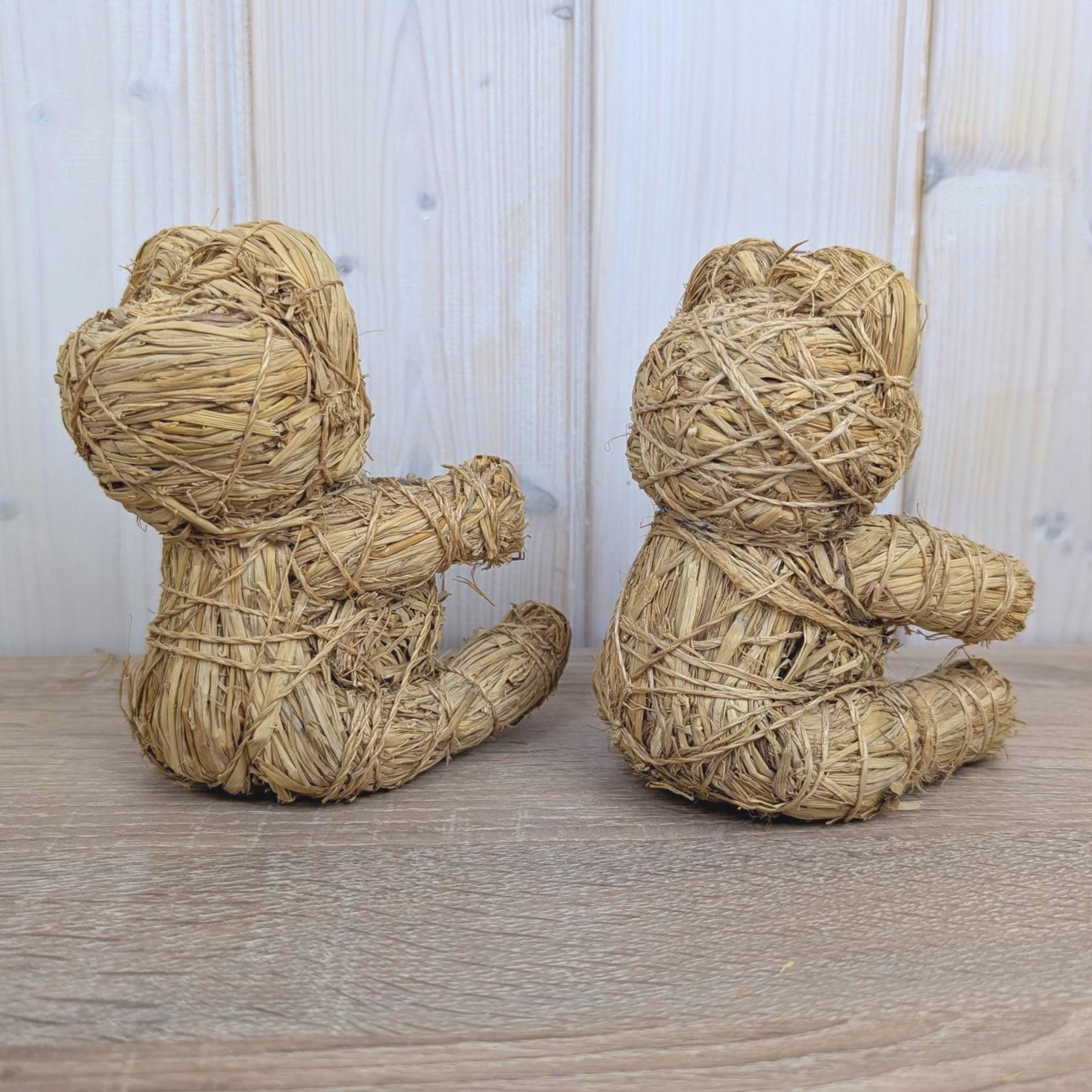 Handmade Raffia Straw Teddy Bear, Natural Folk Art Bear Figurine, Boho Home Decor, 1980s, Choose Size