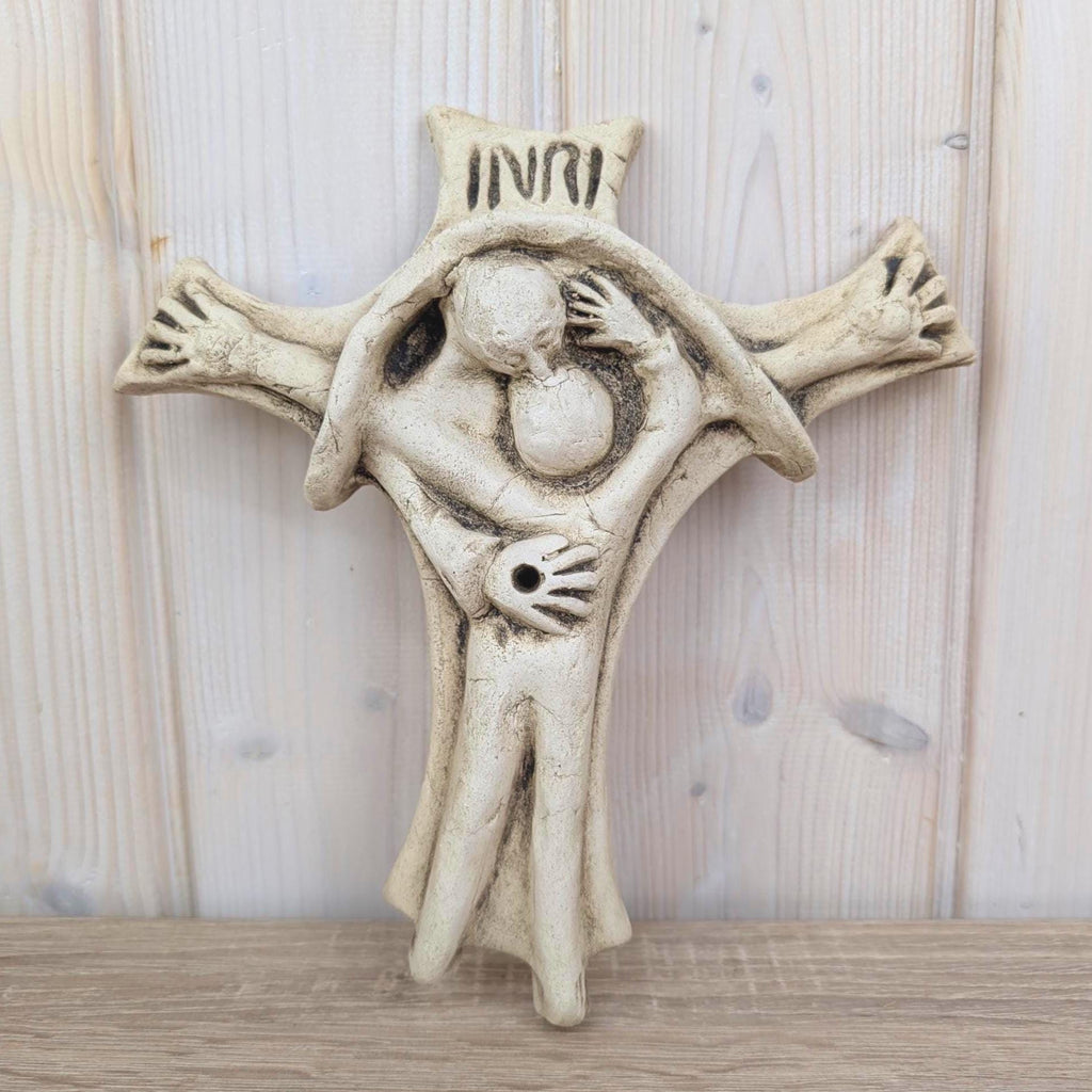 Handmade Ceramic Crucifix INRI, Jesus Embracing Follower, Priest-Made Folk Religious Art, Vintage Wall Cross, 1970s Studio Ceramic