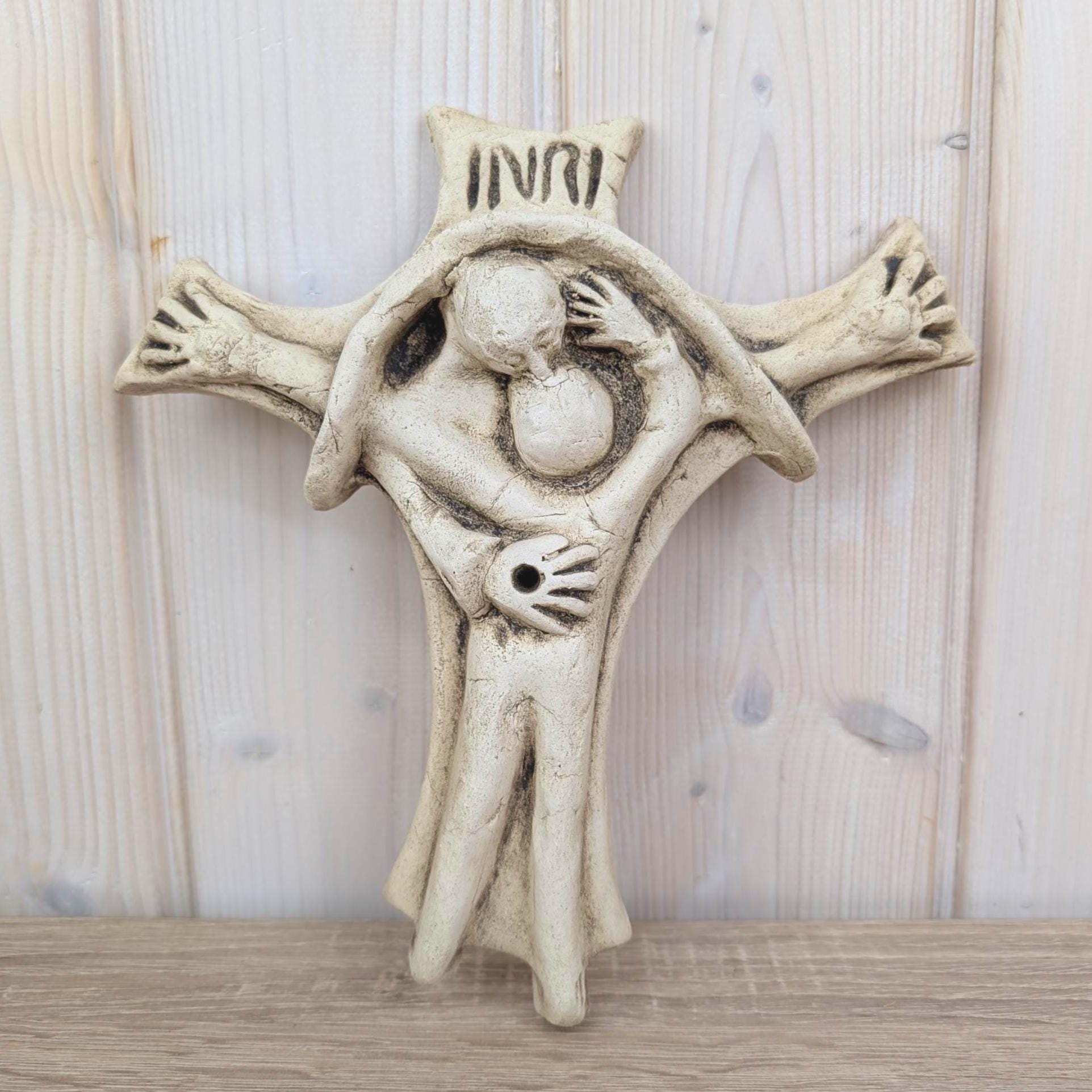 Handmade Ceramic Crucifix INRI, Jesus Embracing Follower, Priest-Made Folk Religious Art, Vintage Wall Cross, 1970s Studio Ceramic