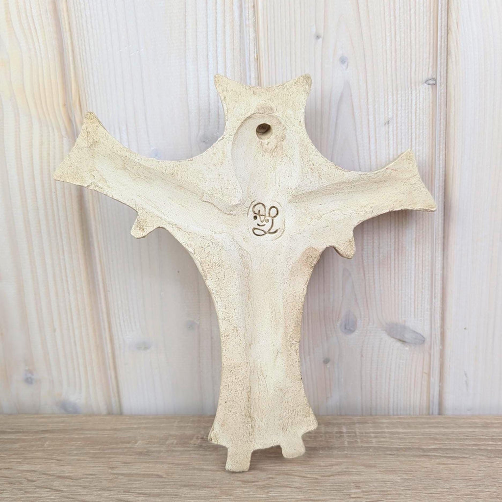 Handmade Ceramic Crucifix INRI, Jesus Embracing Follower, Priest-Made Folk Religious Art, Vintage Wall Cross, 1970s Studio Ceramic