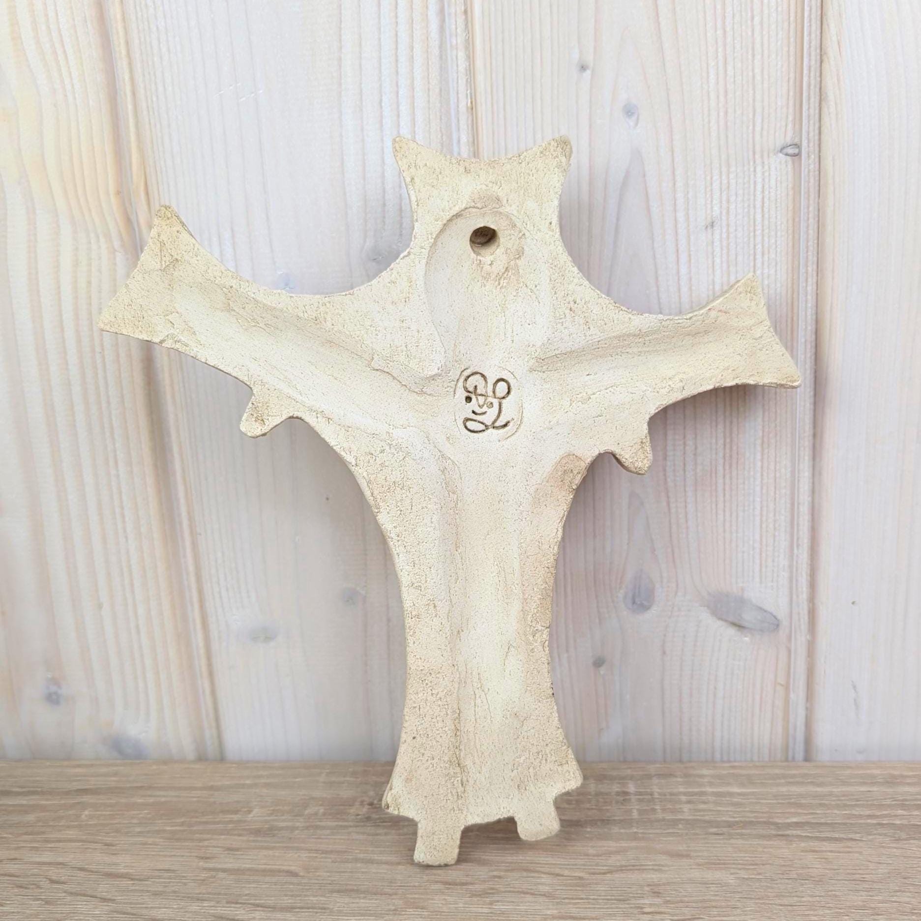 Handmade Ceramic Crucifix INRI, Jesus Embracing Follower, Priest-Made Folk Religious Art, Vintage Wall Cross, 1970s Studio Ceramic