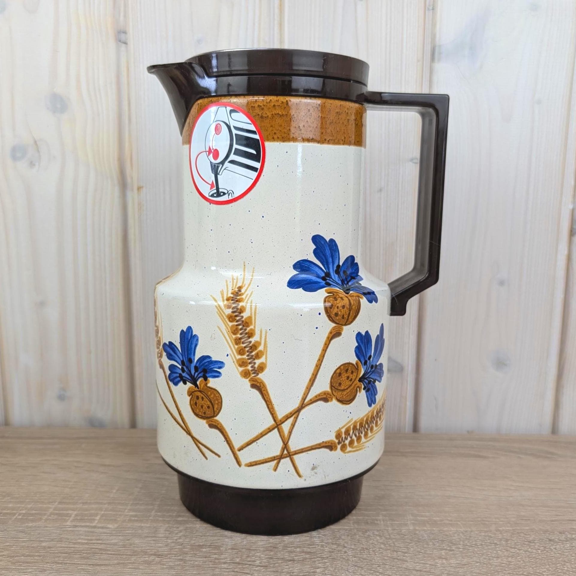 West German Ceramic Thermos Jug, Cornflower Wheat Decor, 1970s, Vintage Vacuum Flask, Retro Kitchen