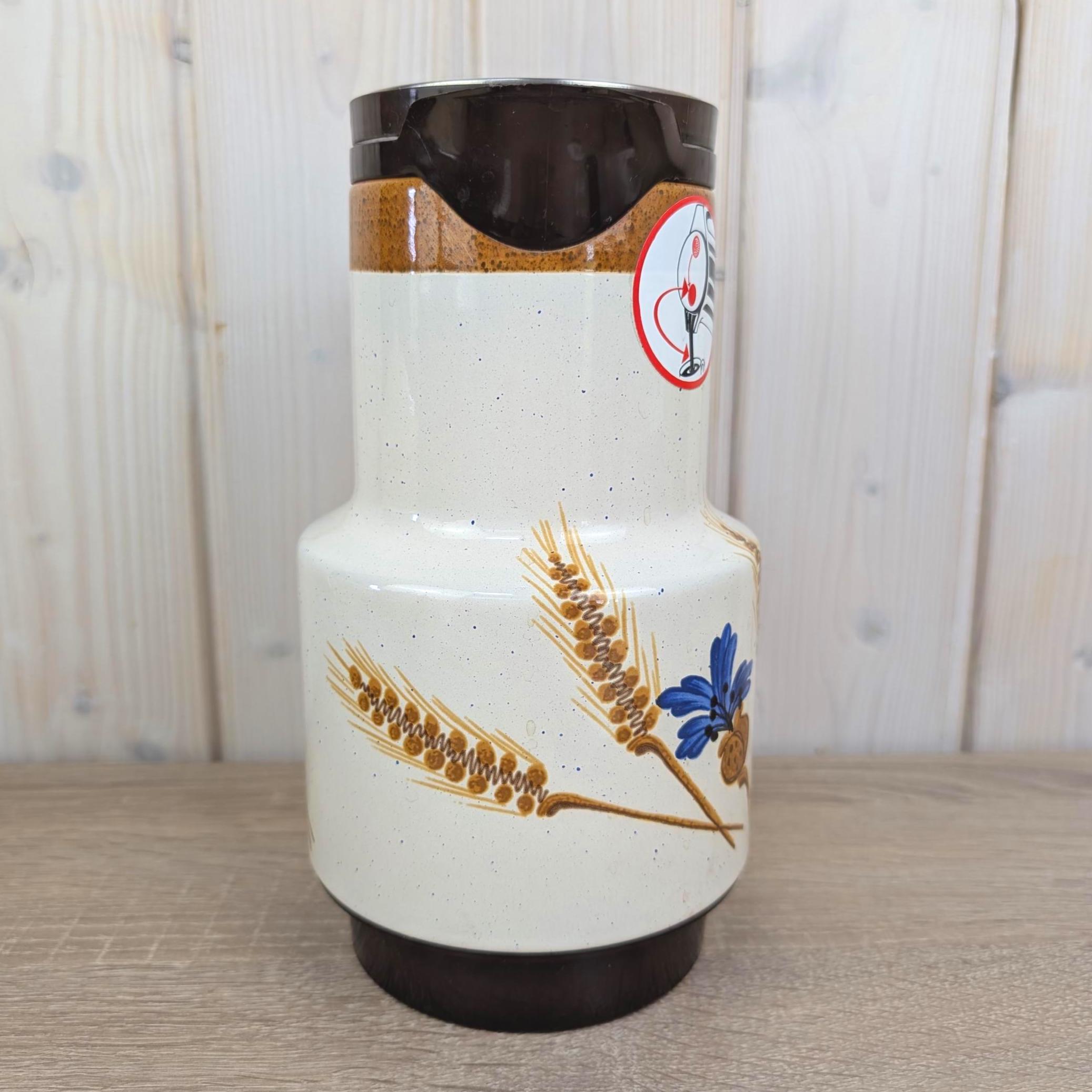 West German Ceramic Thermos Jug, Cornflower Wheat Decor, 1970s, Vintage Vacuum Flask, Retro Kitchen