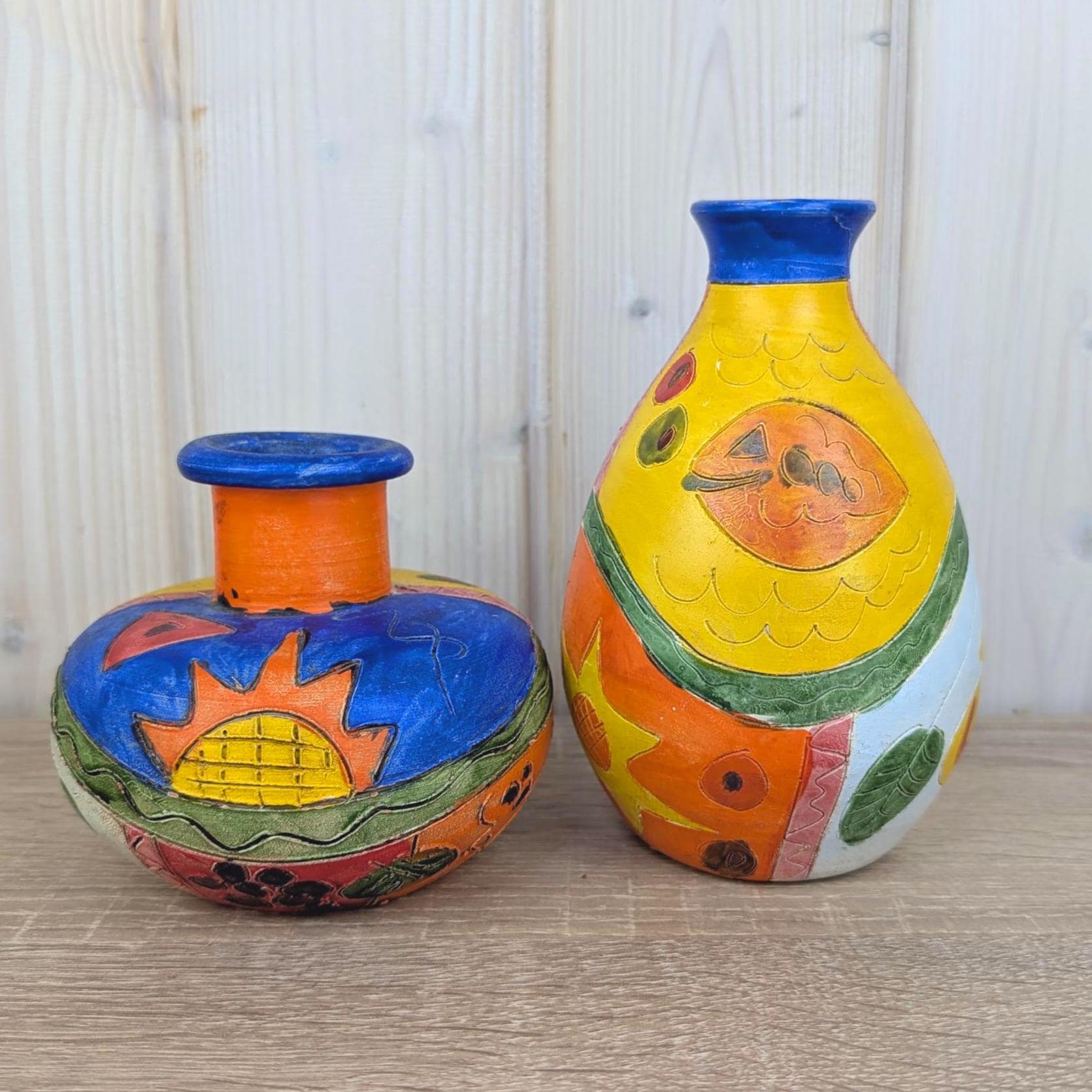 Sgraffito Ceramic Vase, Colorful Mediterranean Folk Art, Sun Fish Abstract Decor, 1960s Studio Pottery, Choose Single or Set of Two