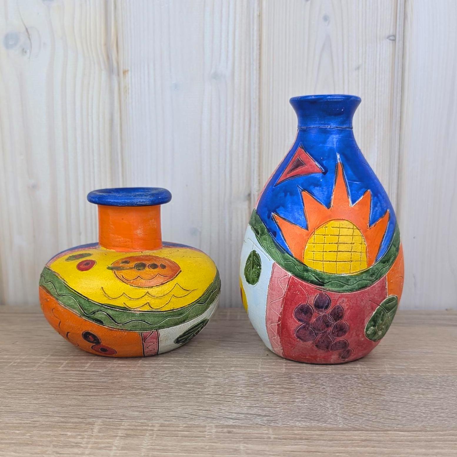 Sgraffito Ceramic Vase, Colorful Mediterranean Folk Art, Sun Fish Abstract Decor, 1960s Studio Pottery, Choose Single or Set of Two