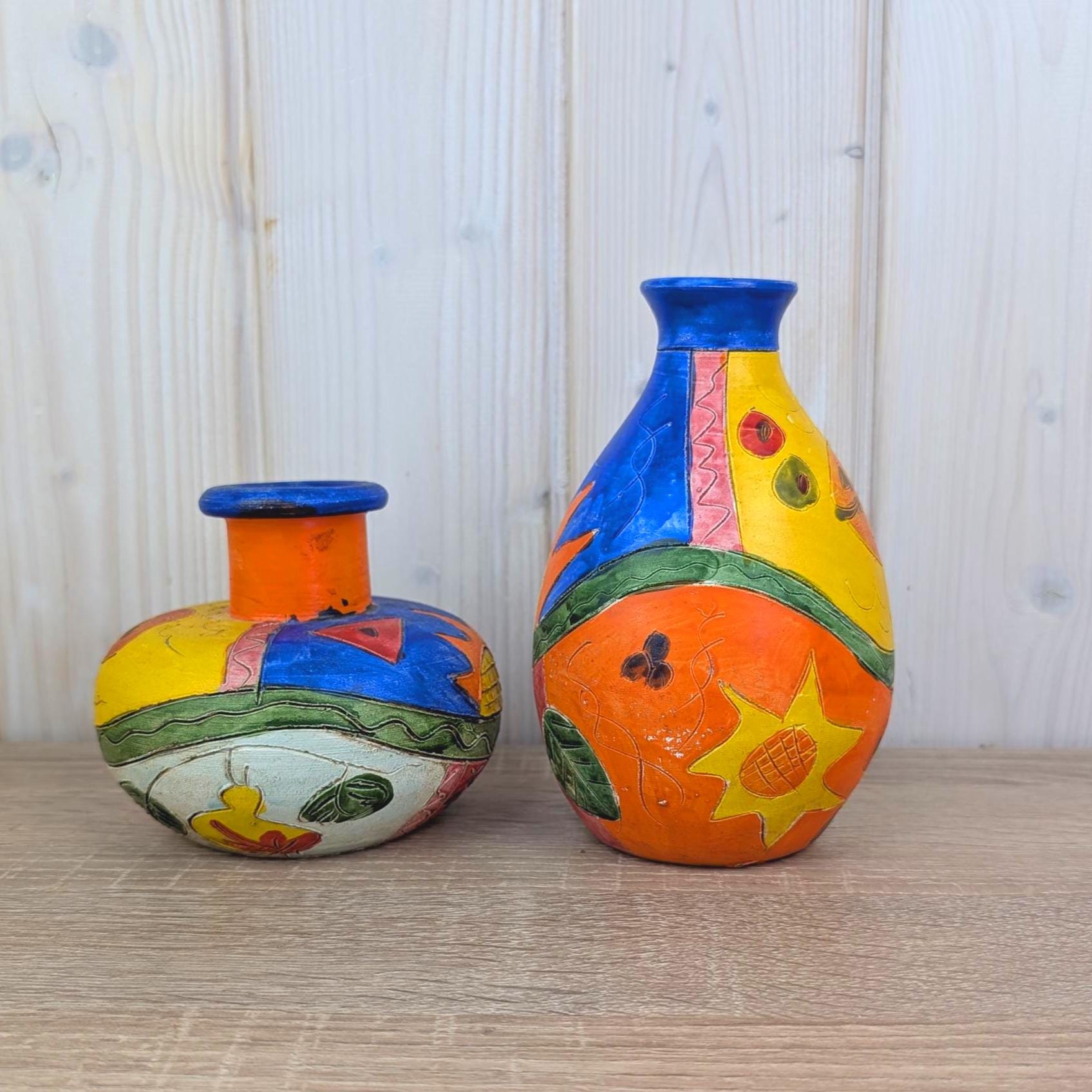 Sgraffito Ceramic Vase, Colorful Mediterranean Folk Art, Sun Fish Abstract Decor, 1960s Studio Pottery, Choose Single or Set of Two