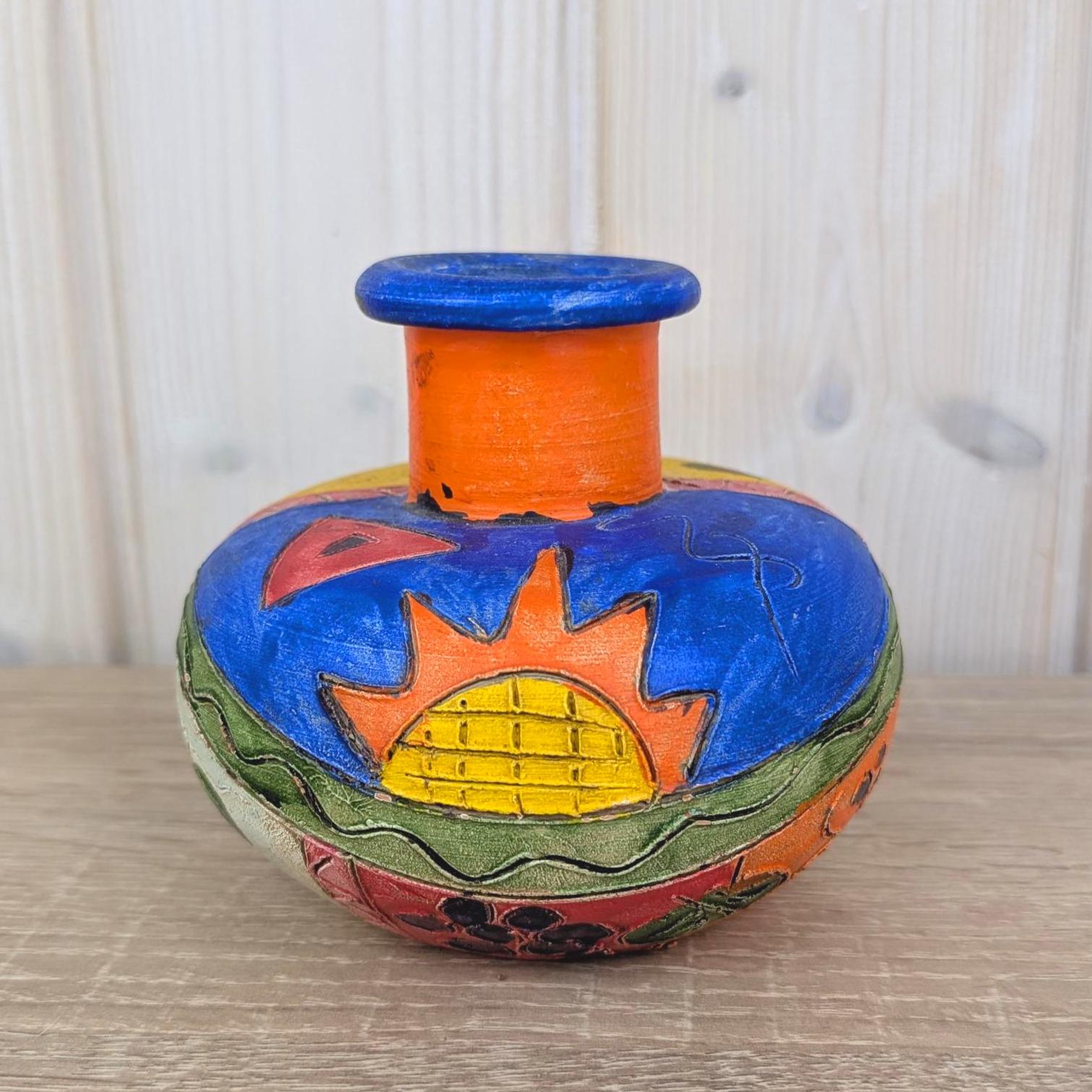 Sgraffito Ceramic Vase, Colorful Mediterranean Folk Art, Sun Fish Abstract Decor, 1960s Studio Pottery, Choose Single or Set of Two