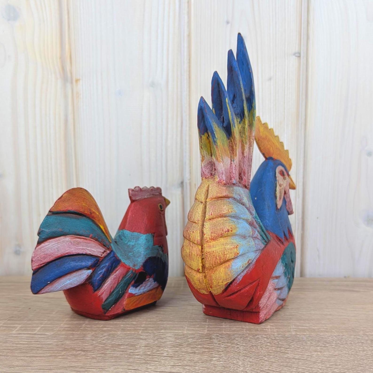 Hand Carved Wooden Rooster Pair, Colorful Folk Art, Vintage Farmhouse Decor, 1970s, Set of Two