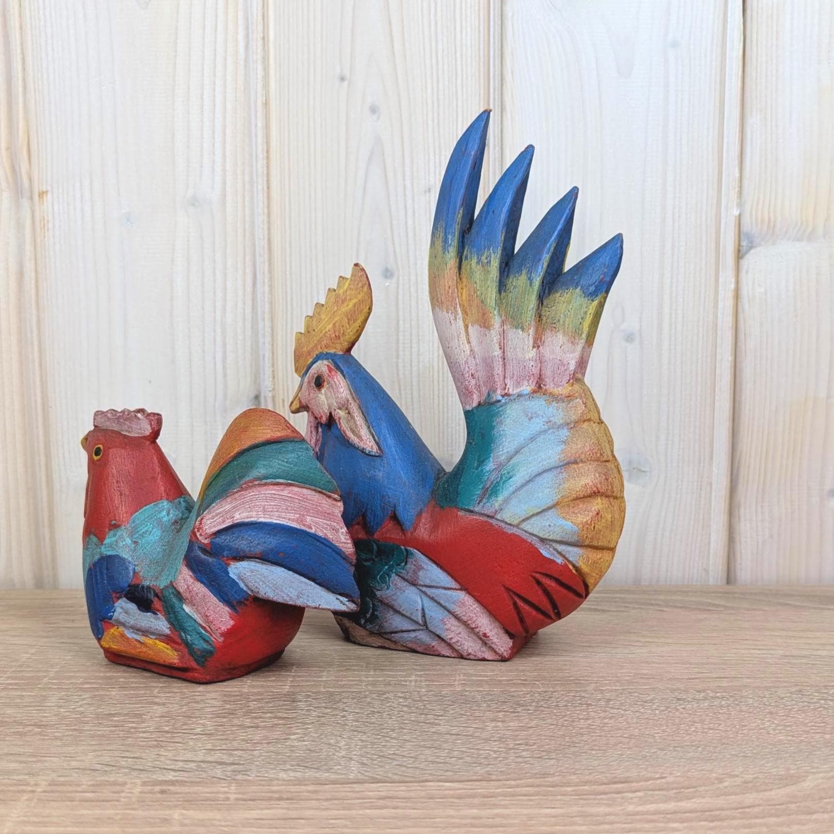 Hand Carved Wooden Rooster Pair, Colorful Folk Art, Vintage Farmhouse Decor, 1970s, Set of Two