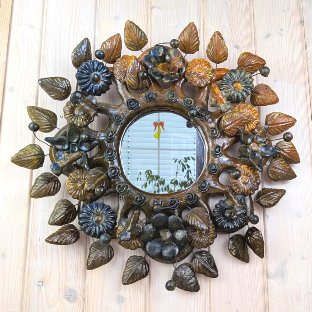 Ceramic wall mirror, tree of life style, flowers and leaves, brown glaze, handmade, mid century, 1960s