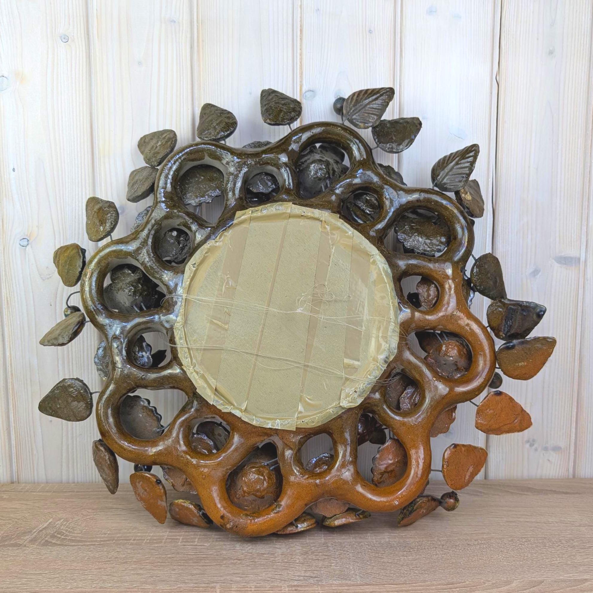 Ceramic wall mirror, tree of life style, flowers and leaves, brown glaze, handmade, mid century, 1960s