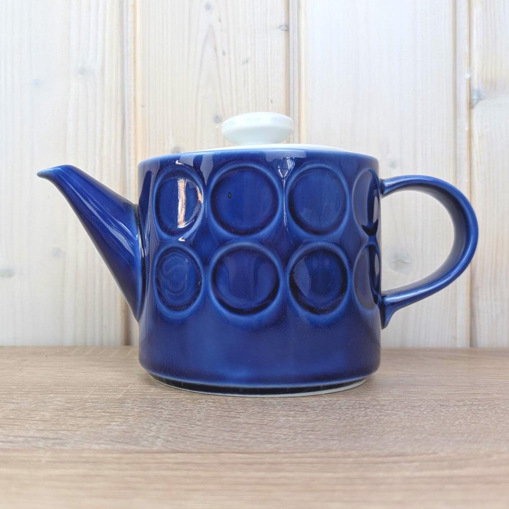 Teapot, Kahla Duett, cobalt blue porcelain, circle relief, white lid, VEB Kahla GDR, 1960s 1970s