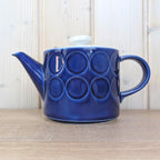 Teapot, Kahla Duett, cobalt blue porcelain, circle relief, white lid, VEB Kahla GDR, 1960s 1970s