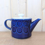 Teapot, Kahla Duett, cobalt blue porcelain, circle relief, white lid, VEB Kahla GDR, 1960s 1970s