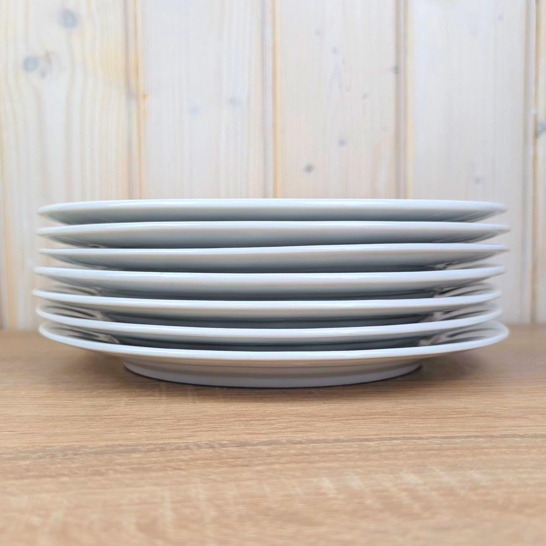 Dinner Plates set of 7, Kahla Duett , white porcelain, circle relief rim, GDR East Germany, 1960s 1970s