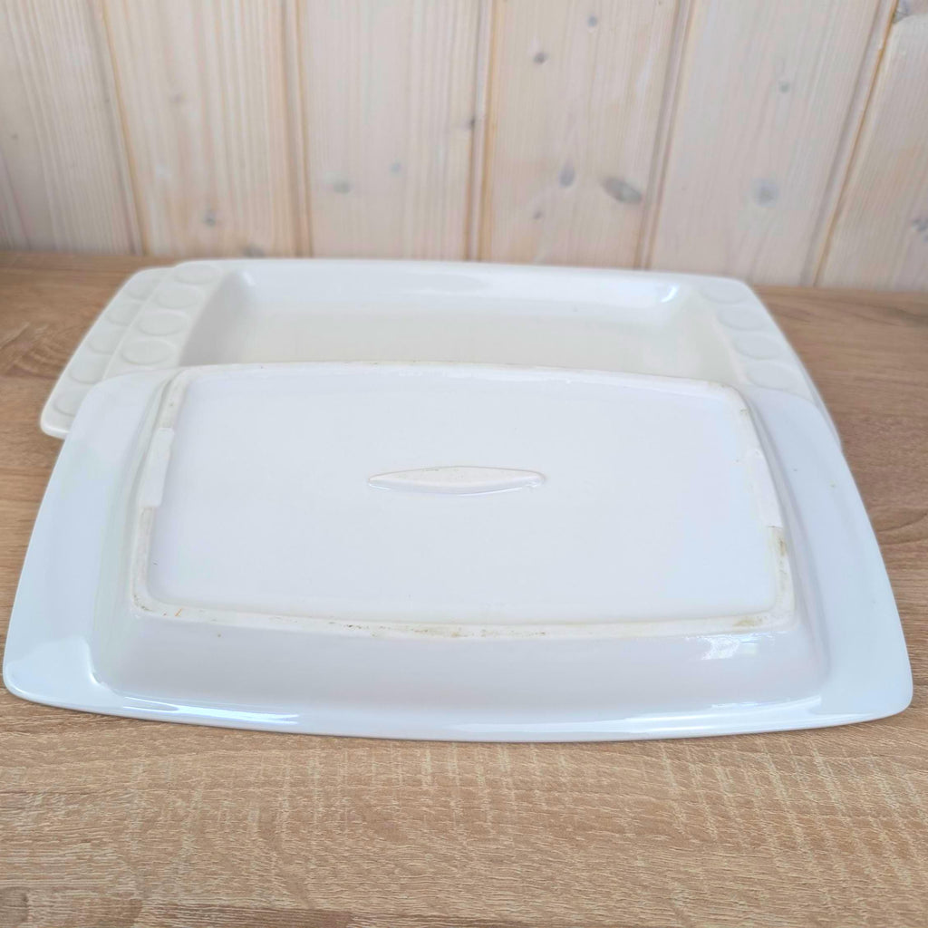 Serving Platters set of 3, Kahla Duett  white porcelain, circle relief, GDR East Germany, 1960s 1970s