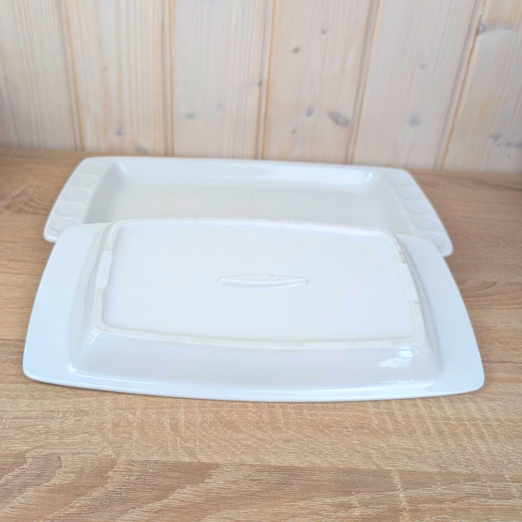 Serving Platters set of 3, Kahla Duett  white porcelain, circle relief, GDR East Germany, 1960s 1970s